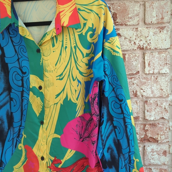 Colorful Print Button Up Collar Long Shirt Dress Blouse Mini Dress size M - Picture 6 of 10